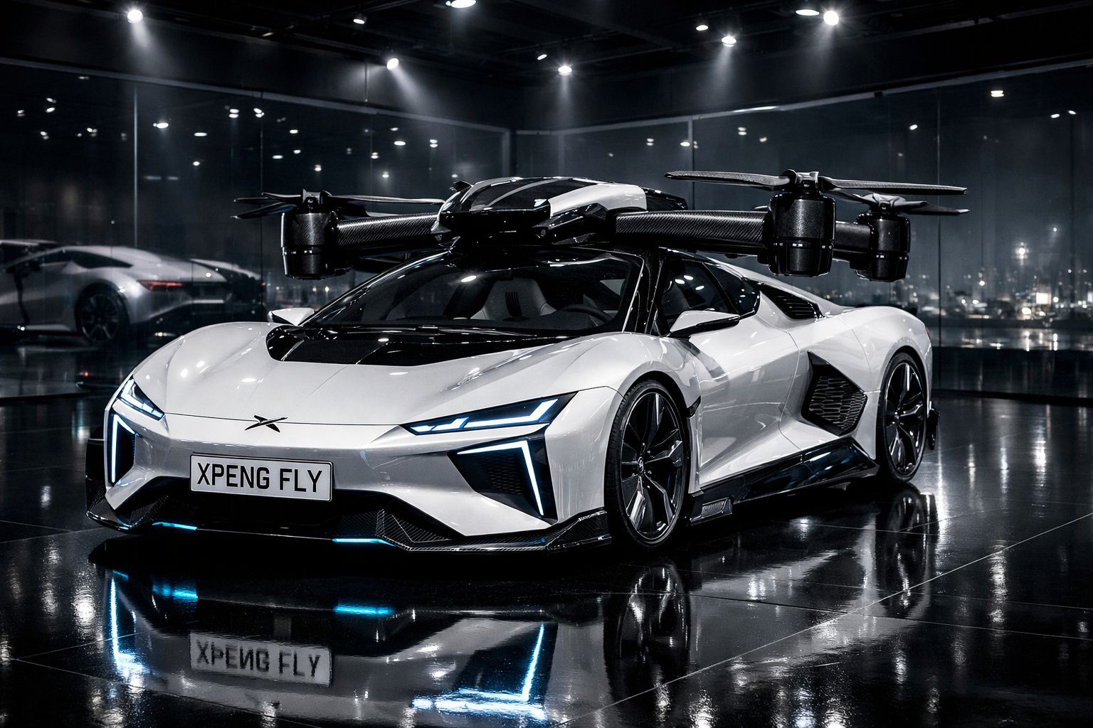 Carro desportivo futurista branco com hélices de drone fixadas no tejadilho, em ambiente iluminado e refletivo.