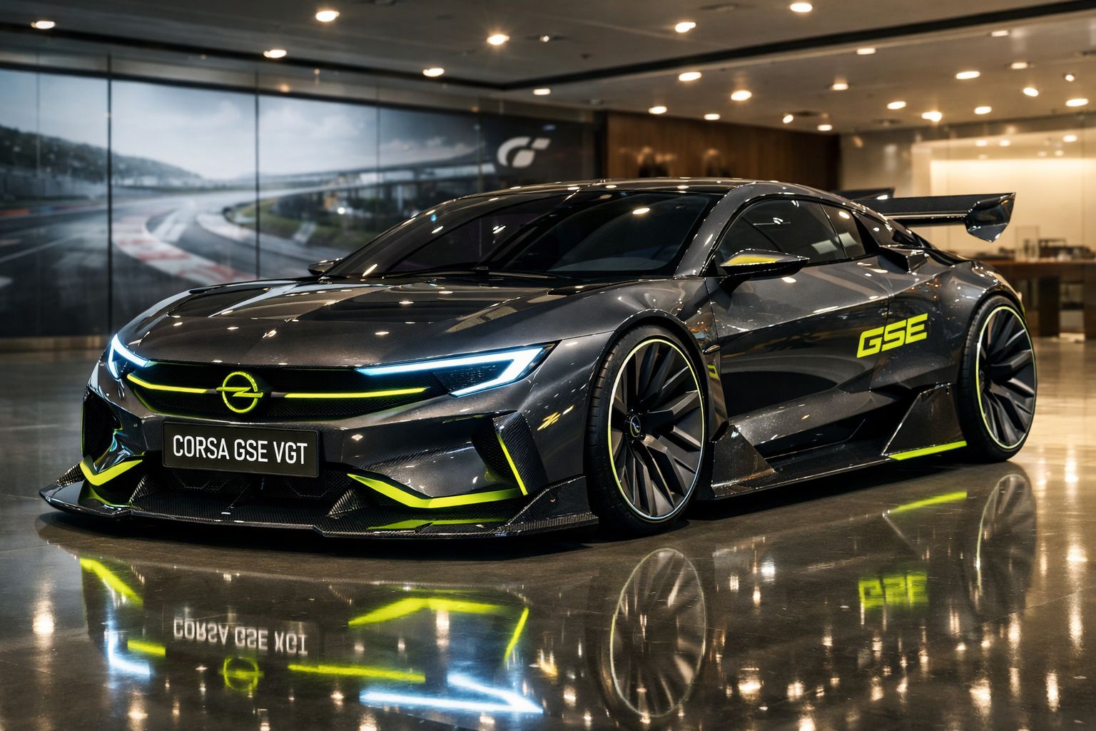 Carro desportivo elétrico Opel Corsa GSE VGT cinzento com detalhes em amarelo numa sala de exposição.