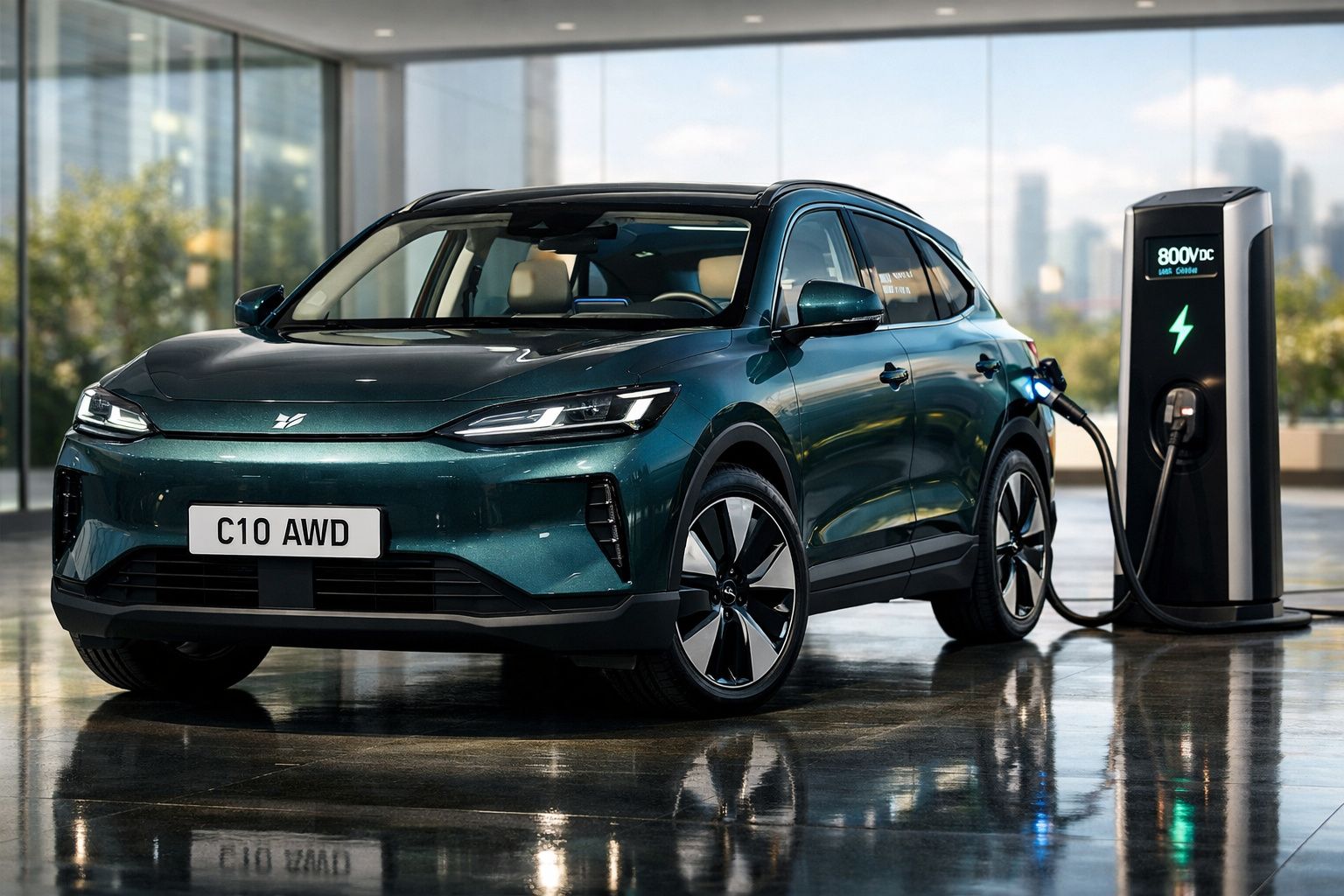 Carro elétrico verde a carregar numa estação de carregamento interior com vídeo urbano ao fundo.