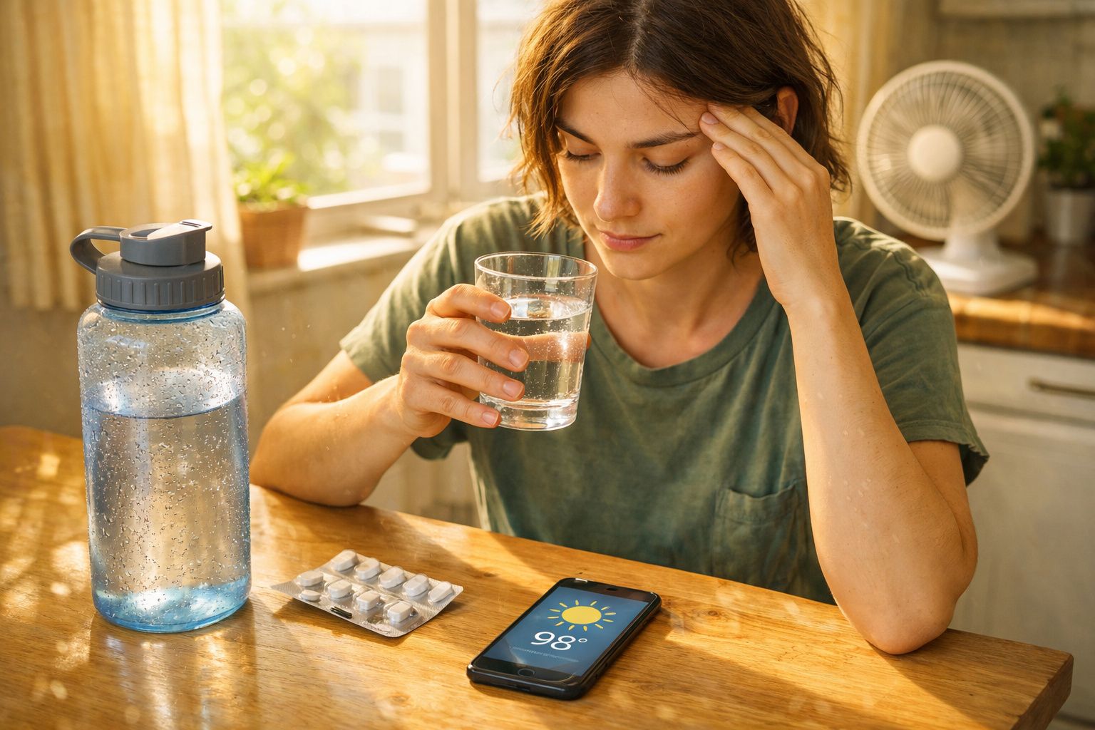Mulher com dor de cabeça segura um copo de água, com comprimidos, garrafa e telemóvel ao lado.