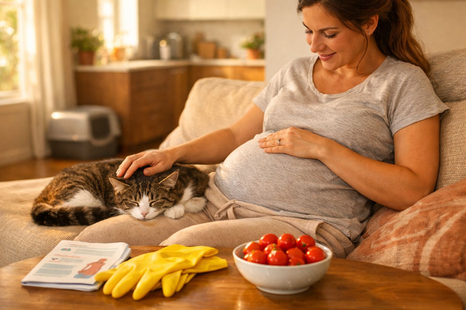 Mulher grávida sorridente a acariciar um gato enquanto está sentada no sofá numa sala iluminada.
