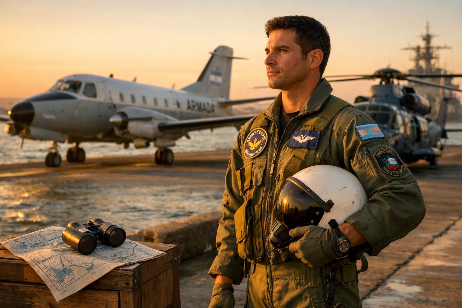 Piloto naval argentino segurando capacete ao pôr do sol, com avião e helicóptero militar ao fundo.