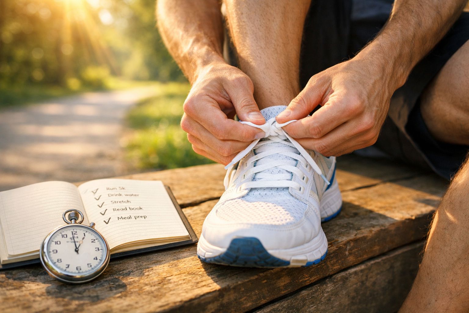 Pessoa a atar atacadores de sapatilha branca ao ar livre, com cronómetro aberto e lista de tarefas ao lado.