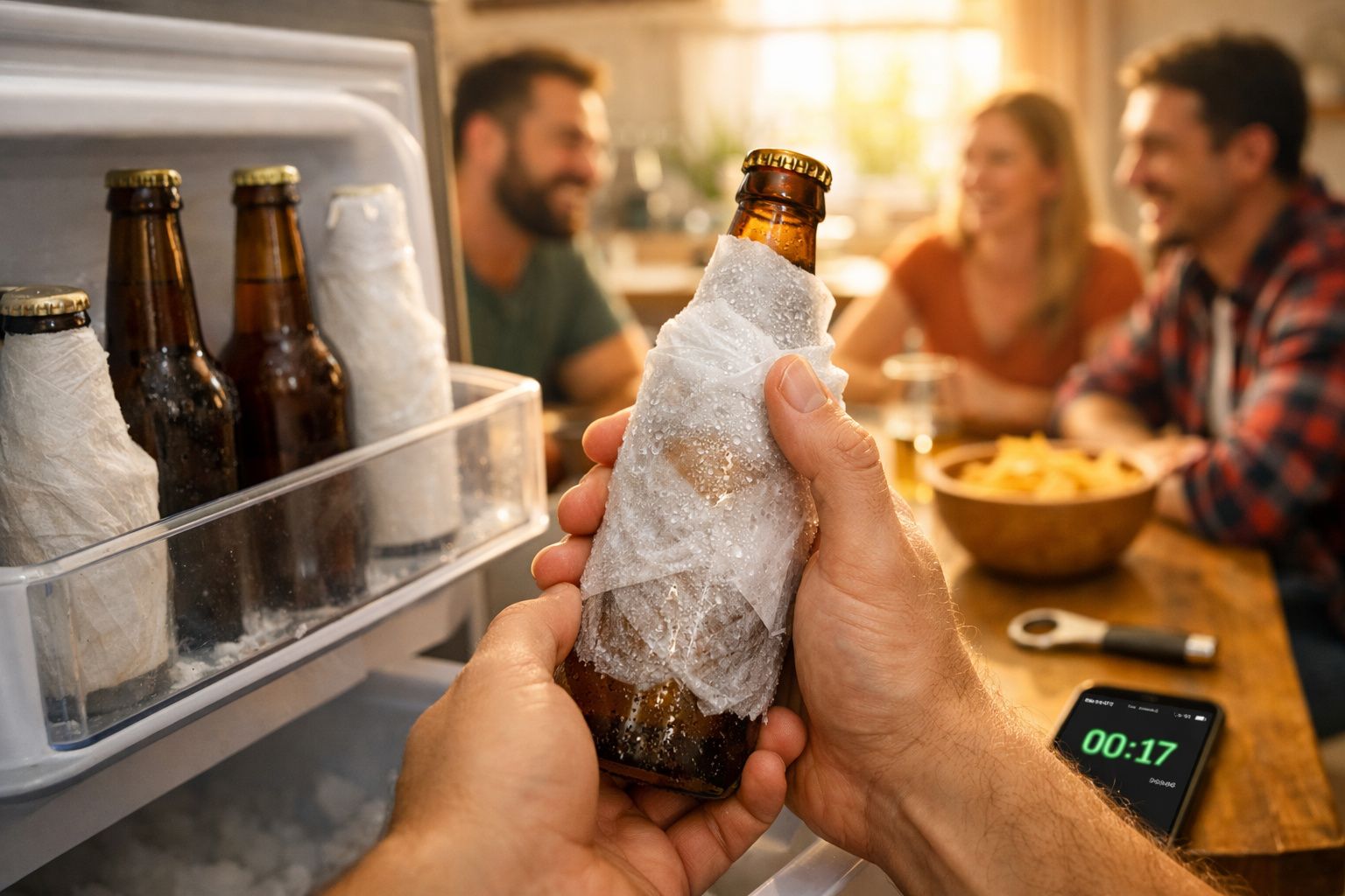 Pessoa segura cerveja fria enquanto amigos conversam à mesa com snacks e cronómetro ligado.