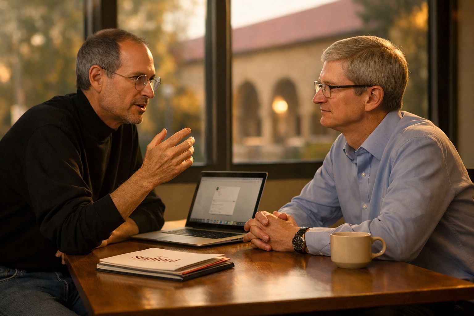 Dois homens conversam à mesa com computador portátil, pastas e caneca num ambiente iluminado.