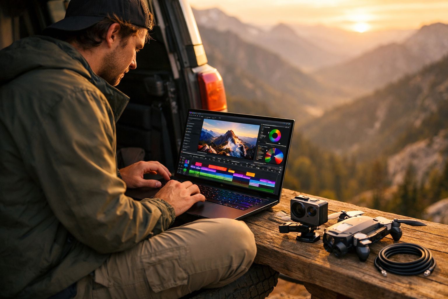 Homem a editar vídeo de montanha num portátil ao ar livre com drone e câmara numa mesa de madeira.
