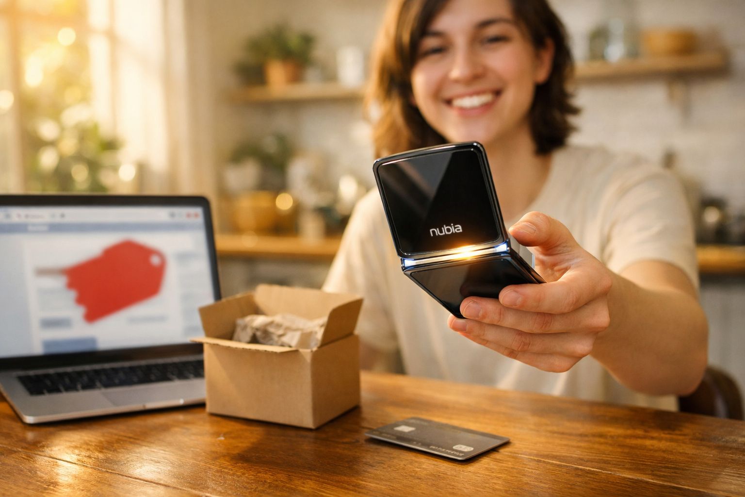 Pessoa sorridente a mostrar um telemóvel Nubia dobrável junto a computador portátil e caixa aberta numa mesa.