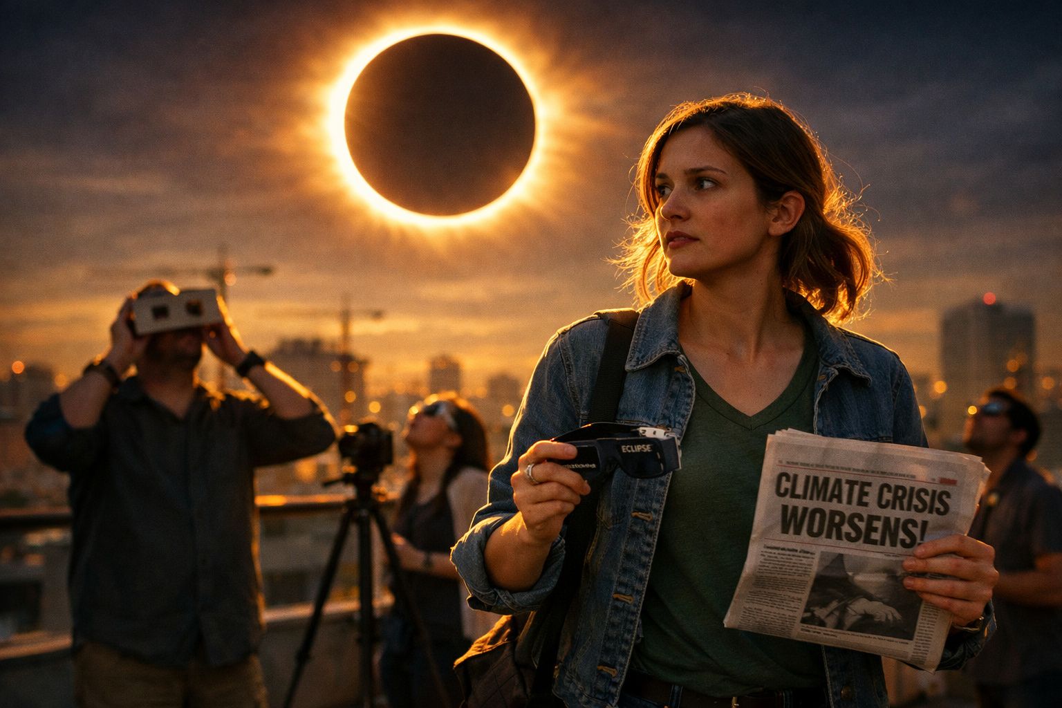 Mulher segura jornal sobre crise climática durante eclipse solar, com outras pessoas a observar o fenómeno no horizonte urban