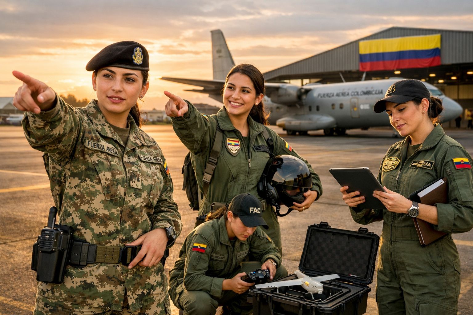 Quatro militares colombianas em uniforme discutem perto de drone e avião numa pista ao pôr-do-sol.