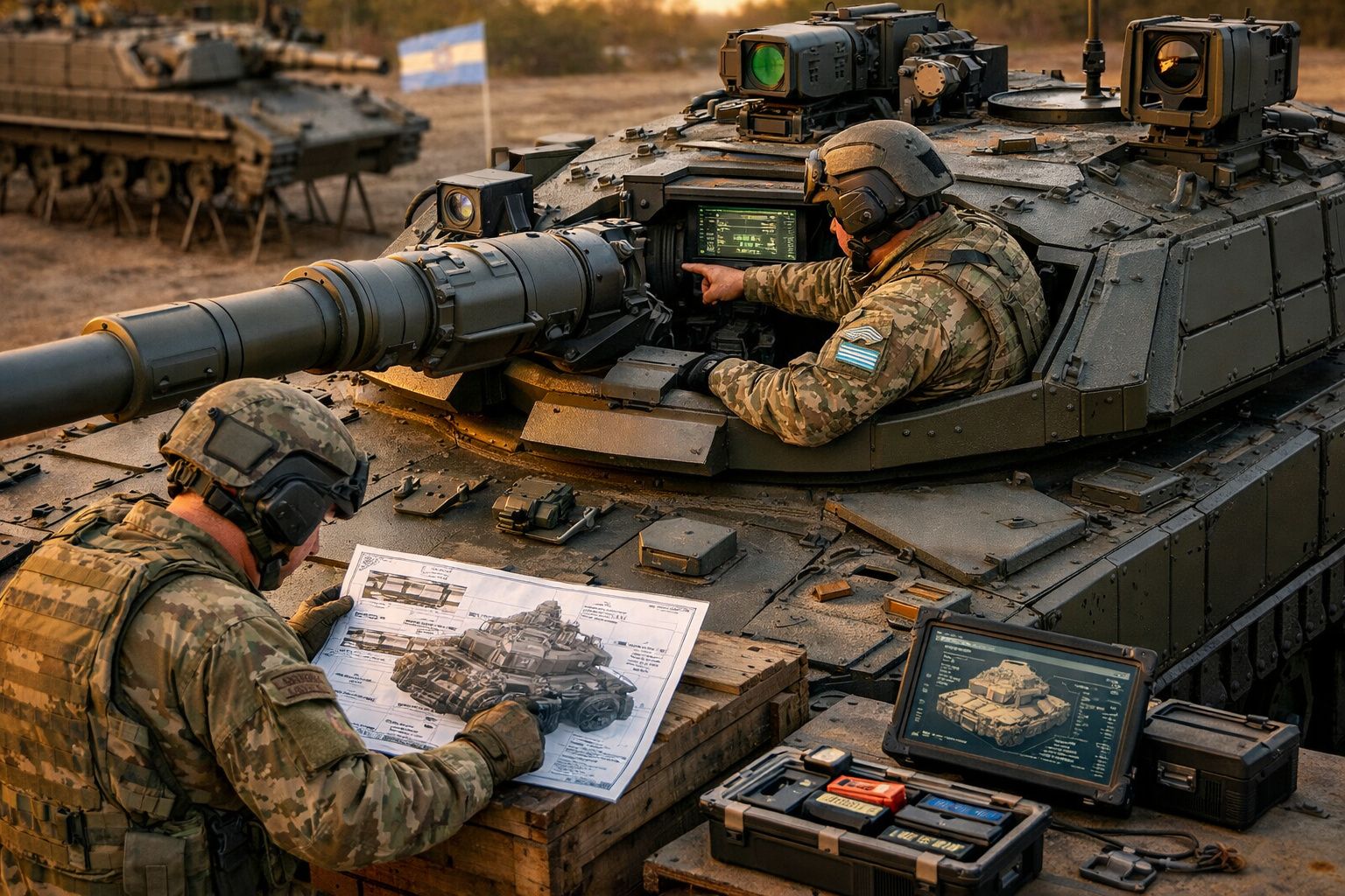 Dois soldados em uniforme operacional trabalham em volta de um tanque de guerra com documentos e equipamento digital.