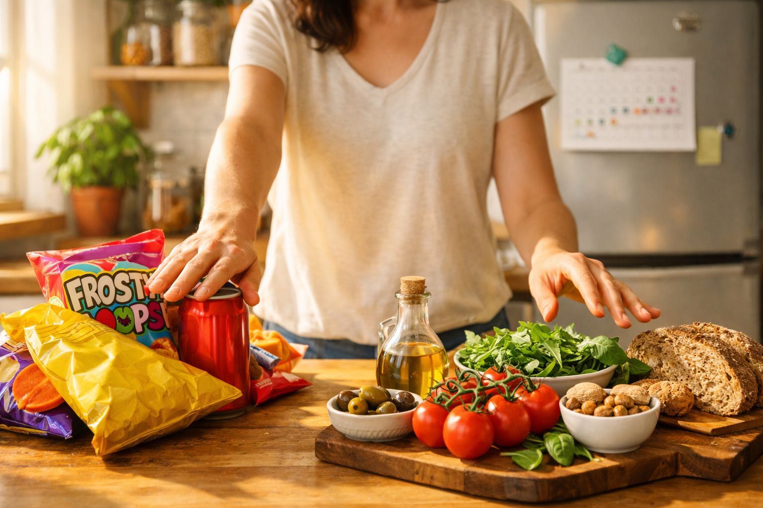 Pessoa a escolher entre alimentos processados e opções frescas e saudáveis numa cozinha iluminada.
