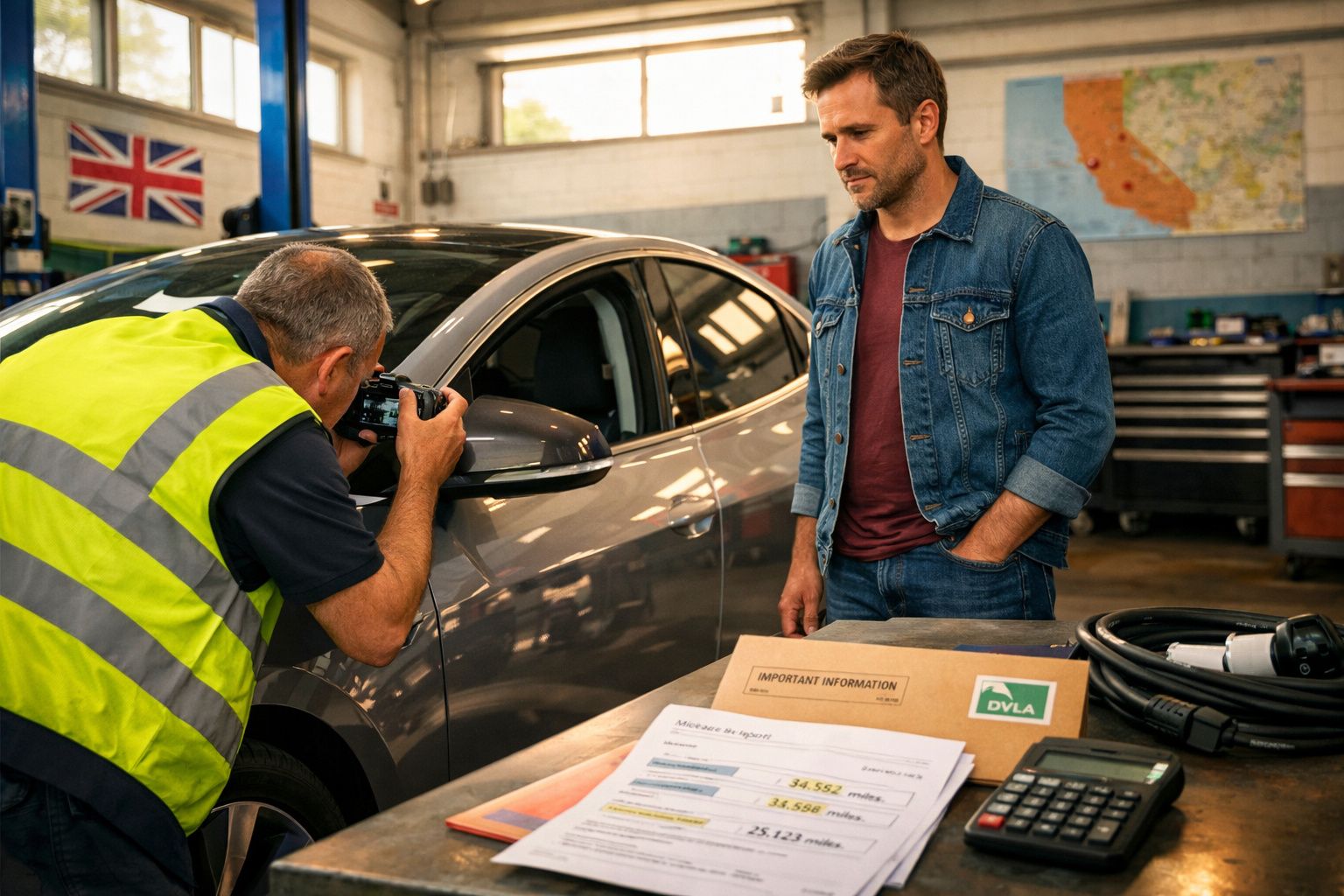 Homem de colete amarelo a fotografar um carro enquanto outro homem observa numa oficina automóvel.