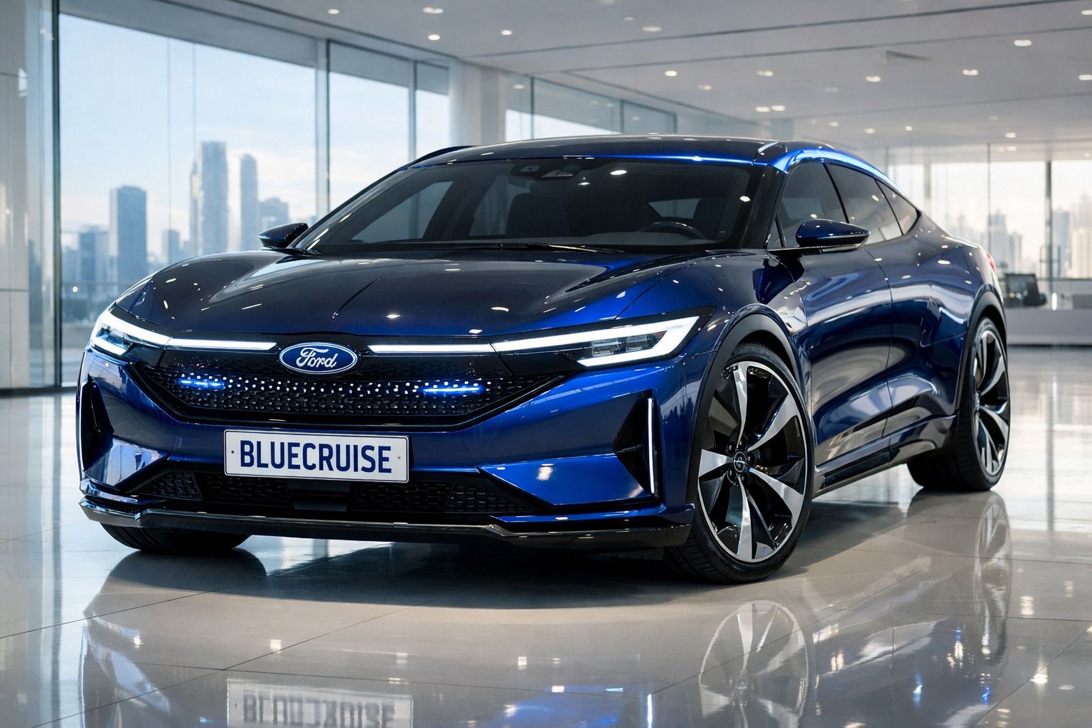 Carro elétrico azul da Ford com placa "BLUECRUISE" em showroom moderno com vista urbana ao fundo.