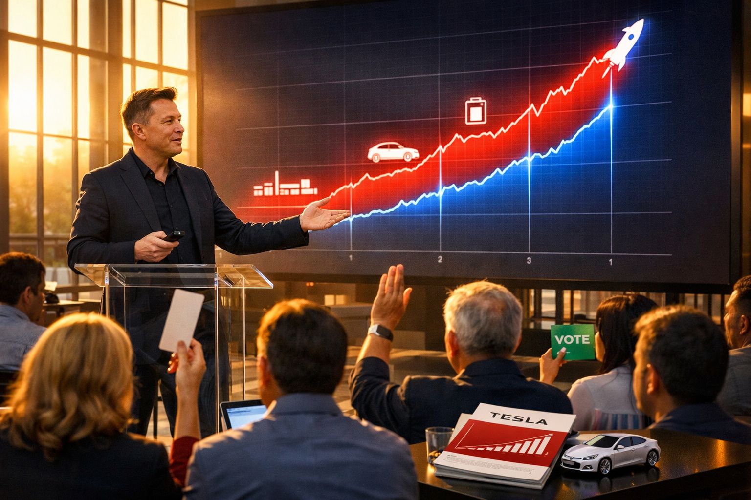 Homem apresenta gráfico de crescimento a audiência numa sala de conferências iluminada pelo pôr do sol.