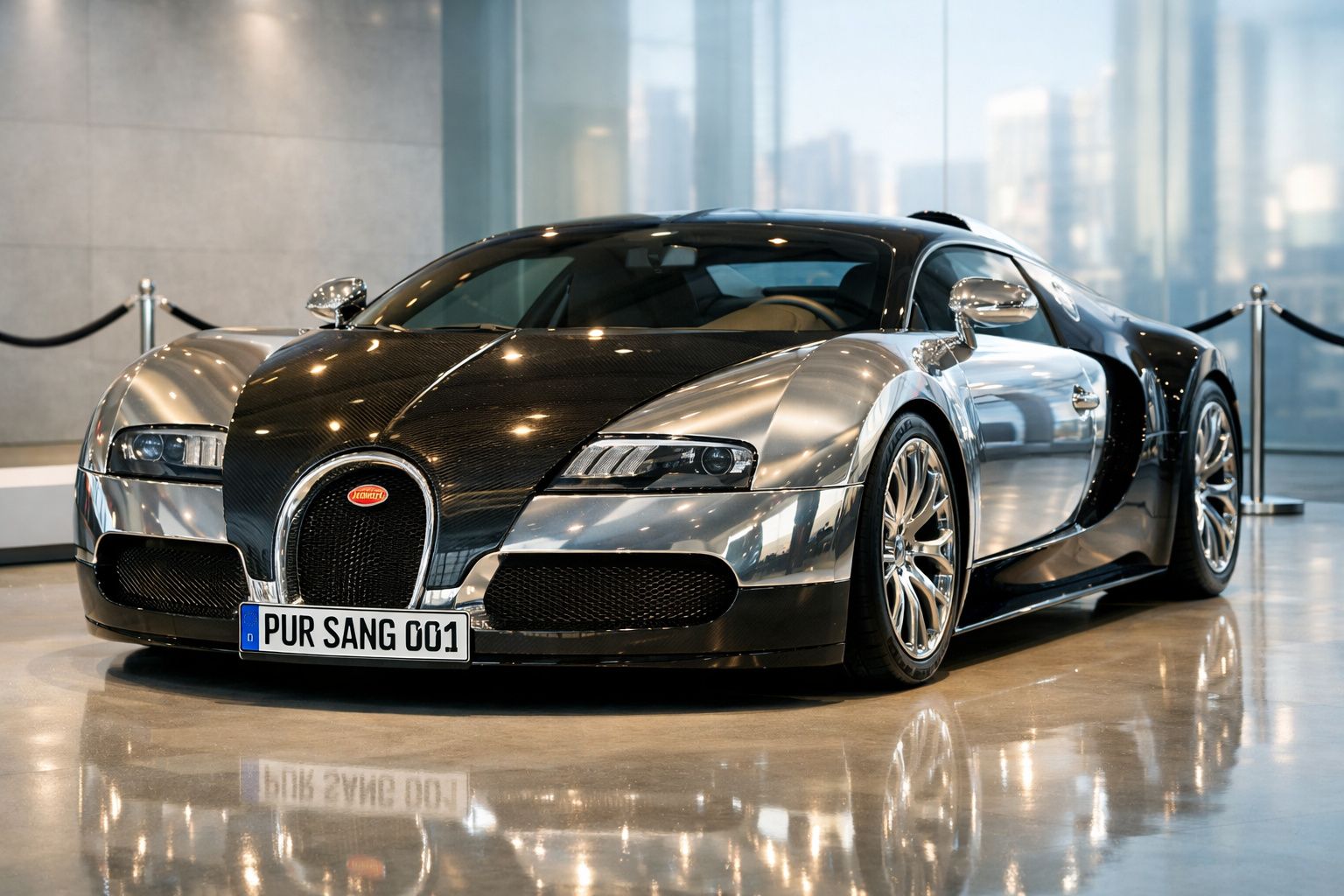Bugatti Veyron com acabamento cromado e preto exposto em espaço moderno brilhante.