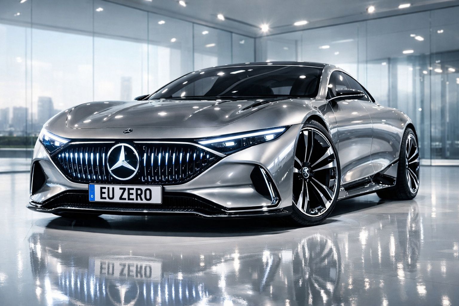 Carro desportivo elétrico Mercedes-Benz cinzento com faróis LED e matrícula personalizada EU ZERO em showroom moderno.