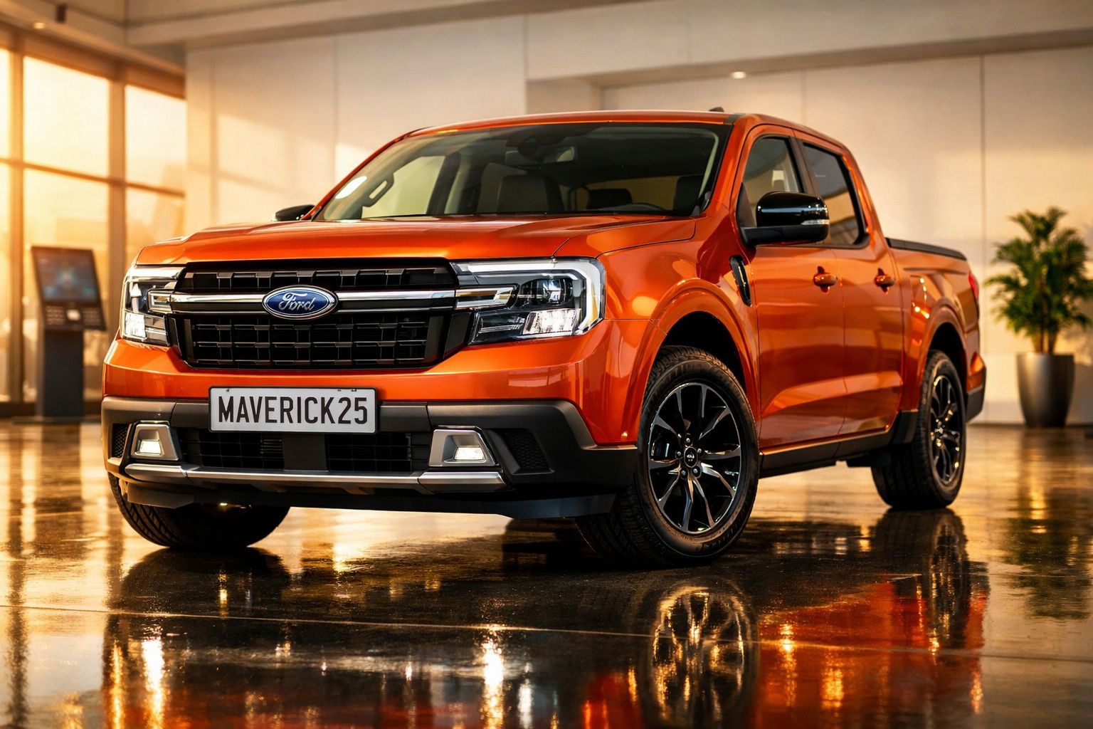 Pick-up Ford Maverick laranja estacionada em chão refletor dentro de garagem iluminada.