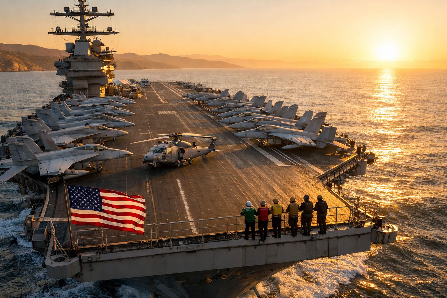 Porta-aviões com aviões de combate e helicóptero ao pôr do sol, com equipe militar na retaguarda.