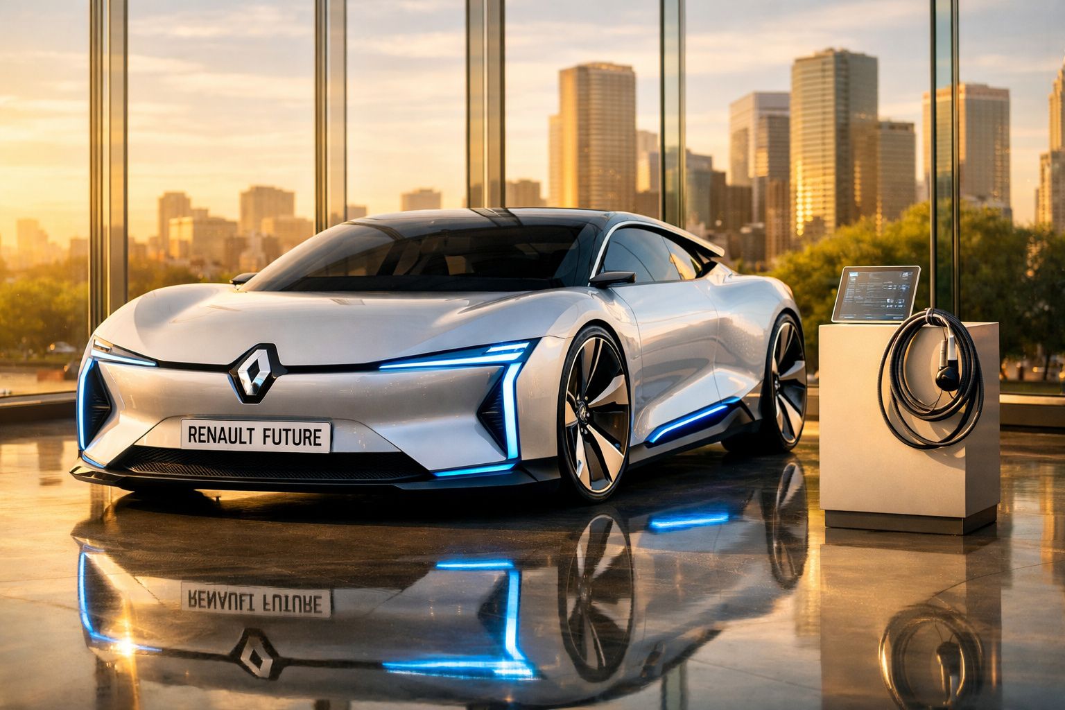 Carro elétrico concept Renault futurista branco, com luzes azuis, em exposição junto a estação de carregamento.
