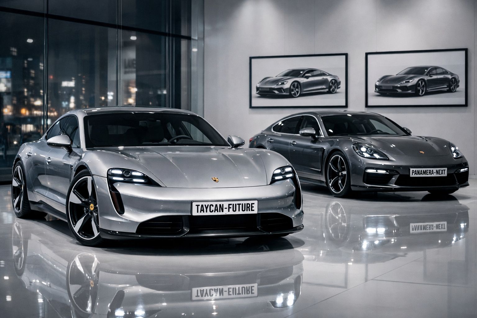 Dois carros desportivos Porsche prateados em exposição, modelo Taycan-Future e Panamera-Next.