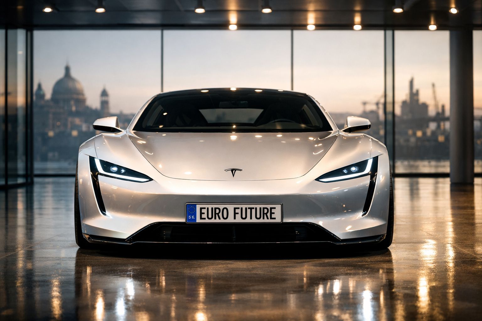 Carro elétrico Tesla branco estacionado em interior com vista urbana ao fundo e matrícula "EURO FUTURE".