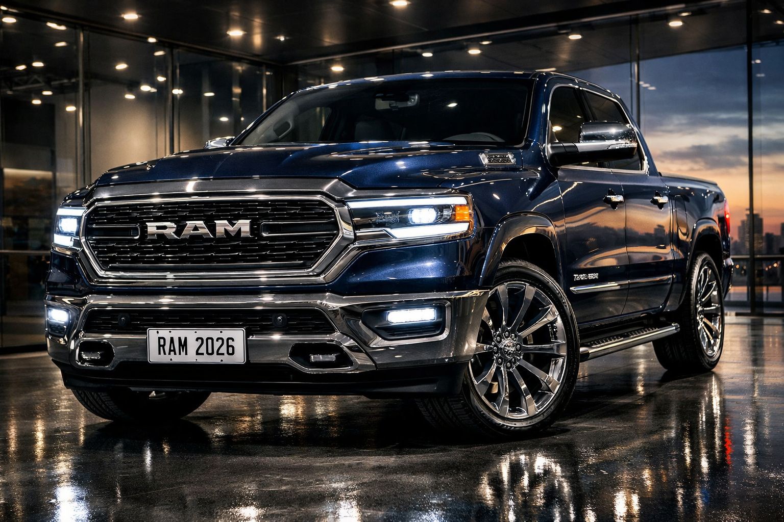 Picape RAM azul escura com faróis acesos estacionada em ambiente urbano ao pôr do sol.