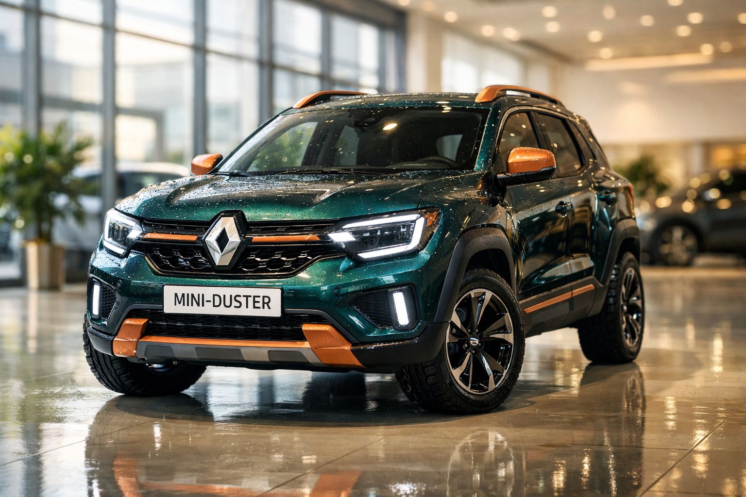 Renault Mini-Duster verde com detalhes laranja exposto num showroom moderno e iluminado.