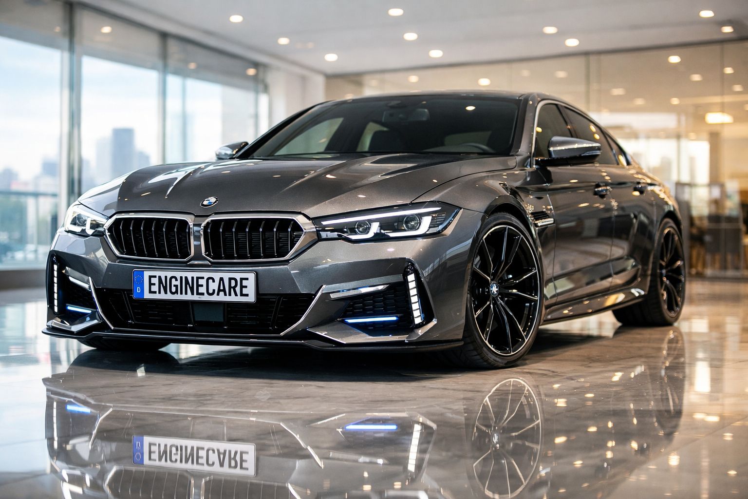 Carro desportivo cinza escuro BMW estacionado em espaço interior com chão de vidro refletor.