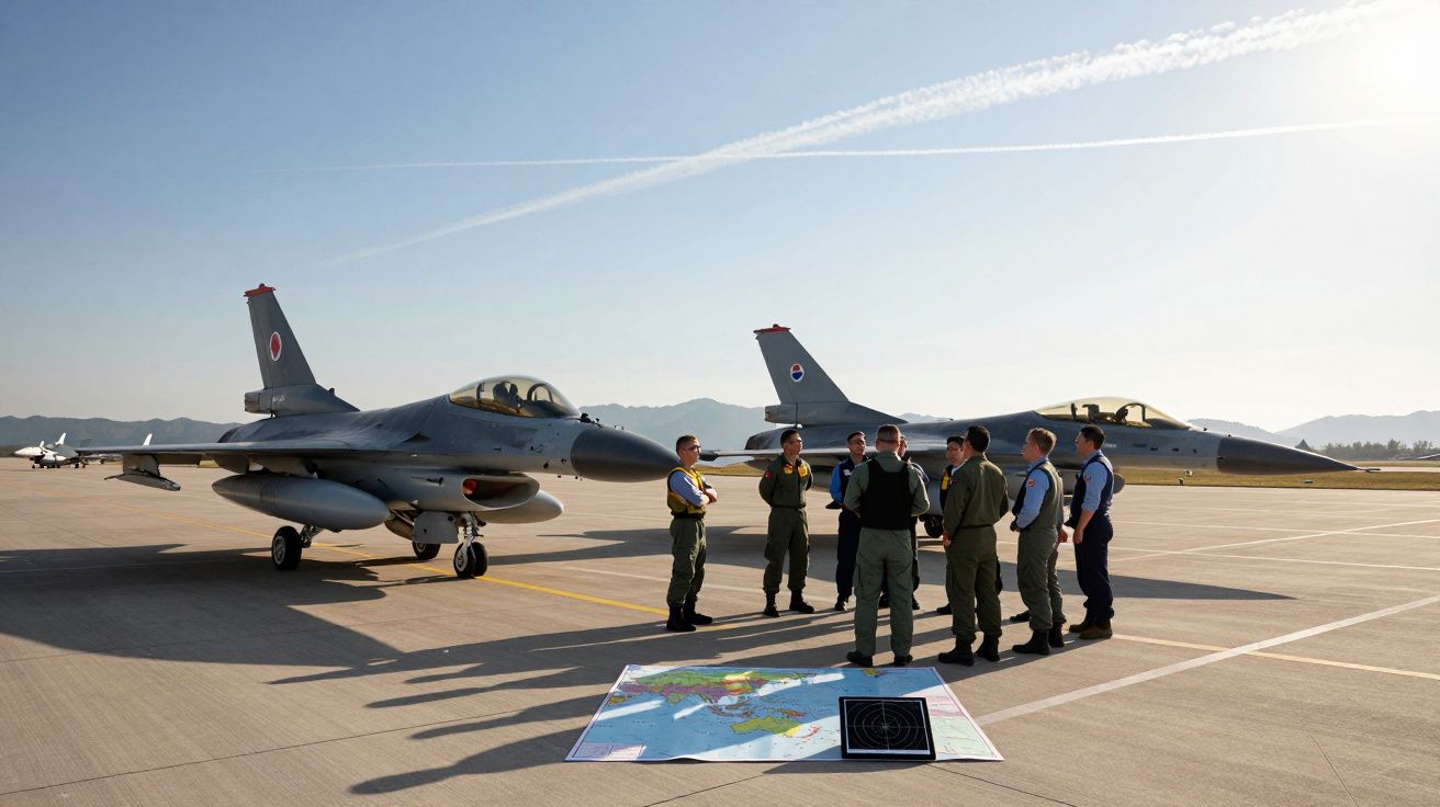 Pilotos militares em visores com fatos de voo reunidos perto de dois caças F-16 num aeroporto ao amanhecer.