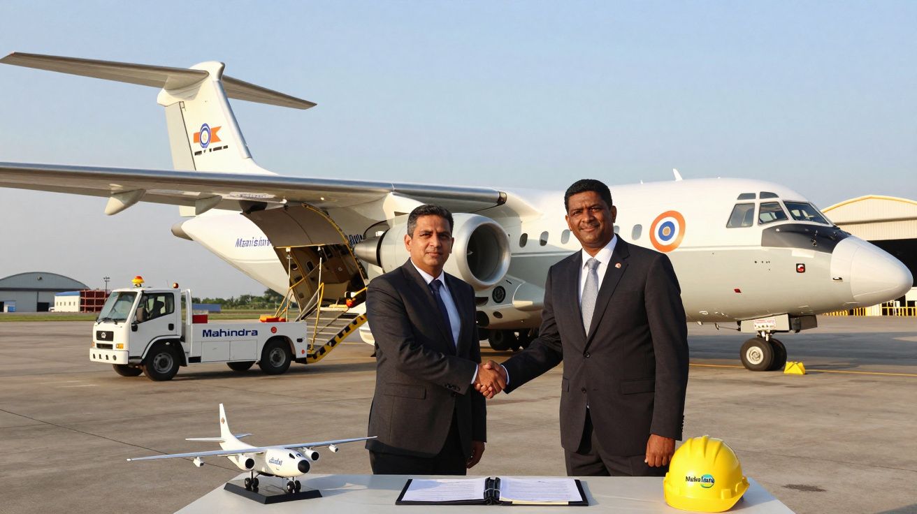 Dois homens de fato apertam as mãos em frente a um avião branco estacionado num aeroporto, com mesa, capacete amarelo e model