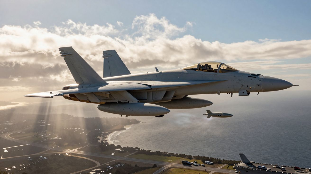 Avião militar a jato em voo sobre costa com céu parcialmente nublado ao pôr do sol.