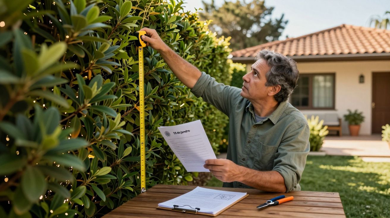 Homem a medir um arbusto no jardim com fita métrica e folhas na mão, junto a uma mesa de madeira.