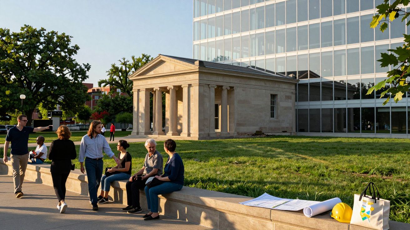 Pessoas sentadas e a conversar junto a um edifício clássico com colunas, ao lado de um moderno de vidro.