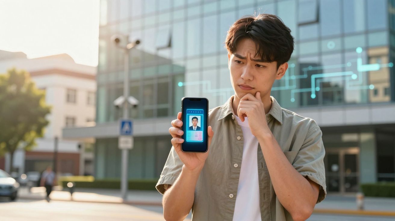 Jovem a pensar enquanto mostra um documento digital de identificação num smartphone junto a um edifício moderno.