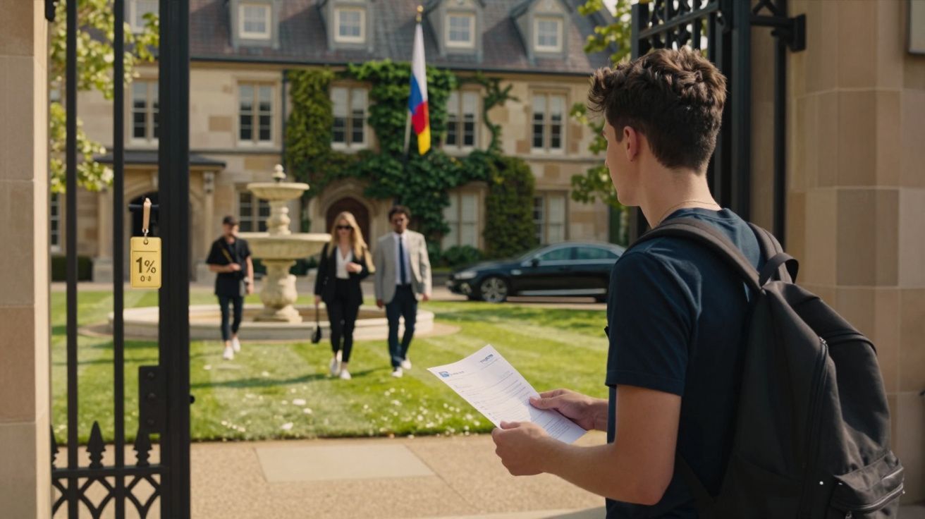 Jovem com mochila e papel na mão observa três adultos a caminhar em jardim com edifício ao fundo.