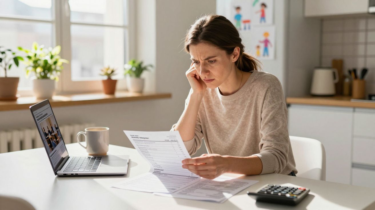 Mulher preocupada analisa documentos financeiros na mesa com computador, café e calculadora na cozinha.