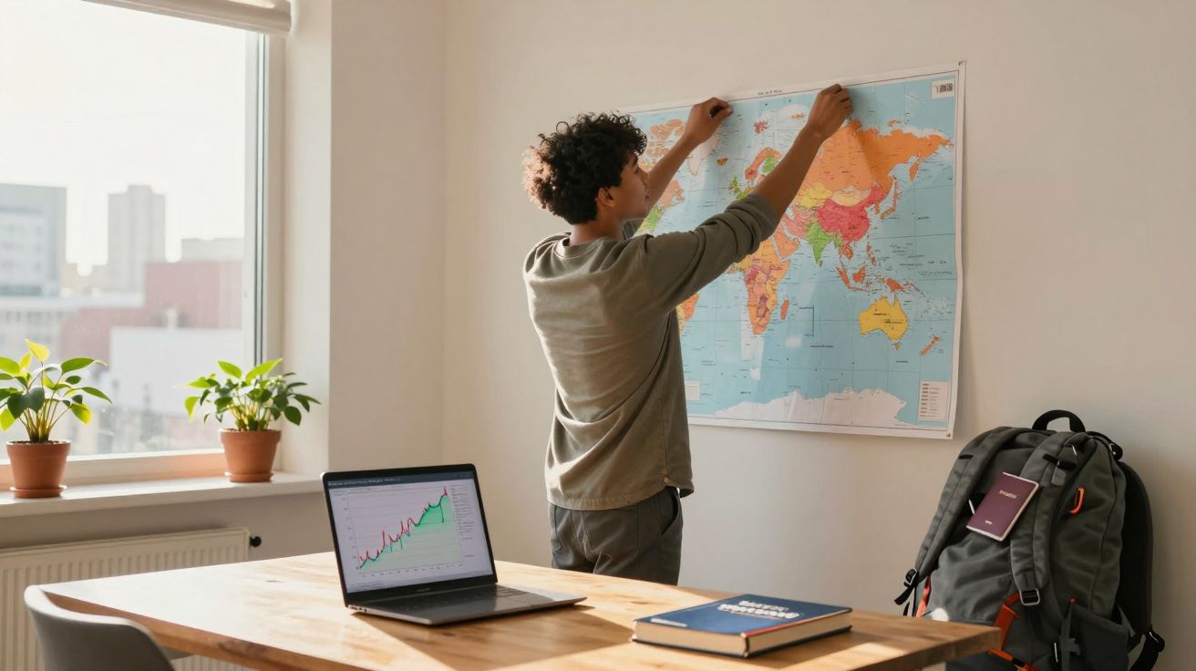 Pessoa a pendurar mapa-mundo na parede de uma sala com mesa, computador, livro, mochila e plantas.