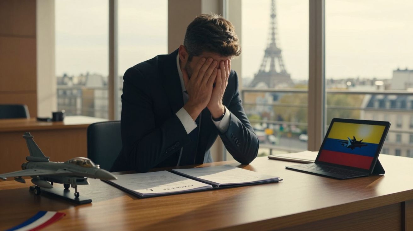 Homem de fato sentado à secretária com rosto tapado pelas mãos, Torre Eiffel ao fundo e ecrã com bandeira da Colômbia.