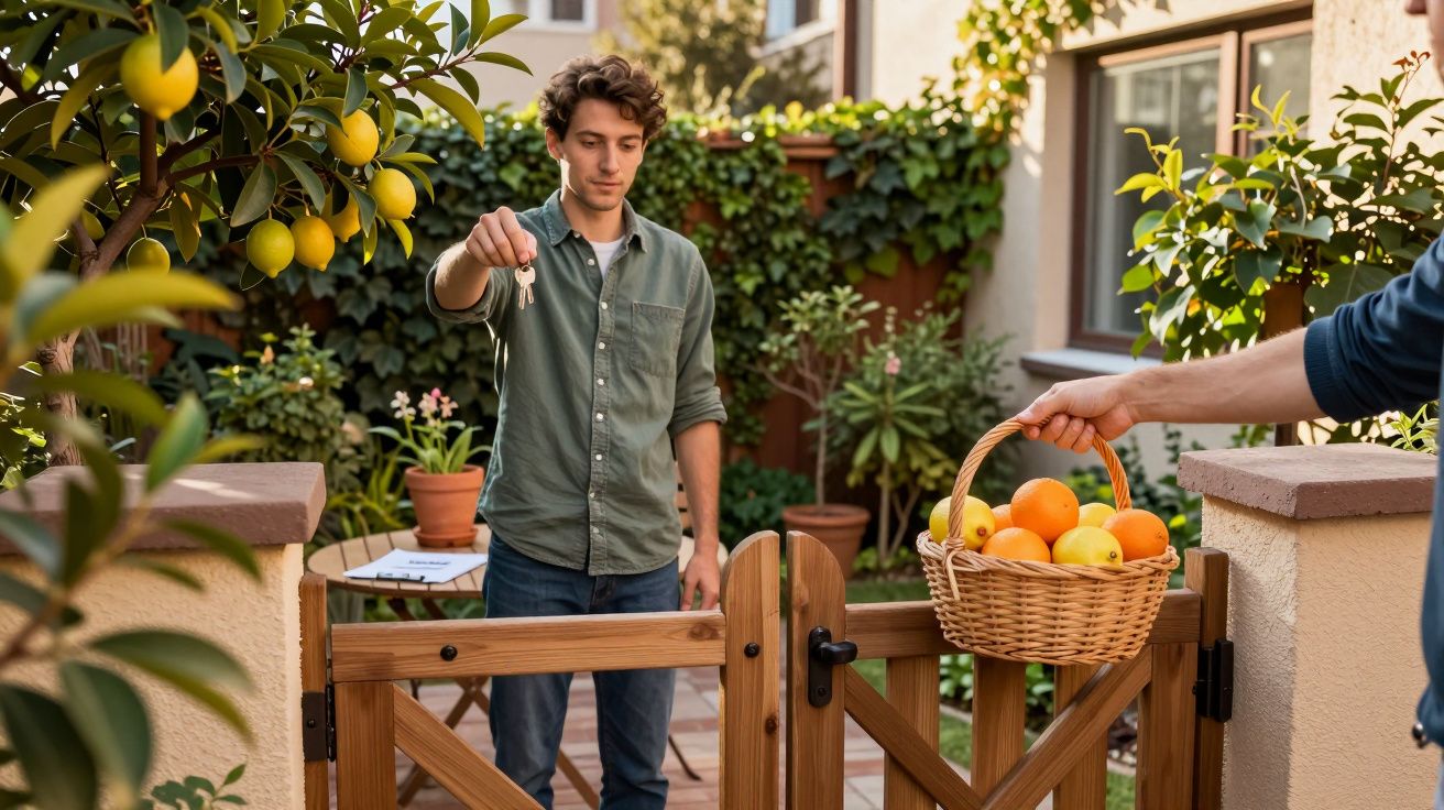 Jovem entrega chaves por portão de madeira enquanto outra pessoa oferece cesto com frutas numa varanda soalheira.