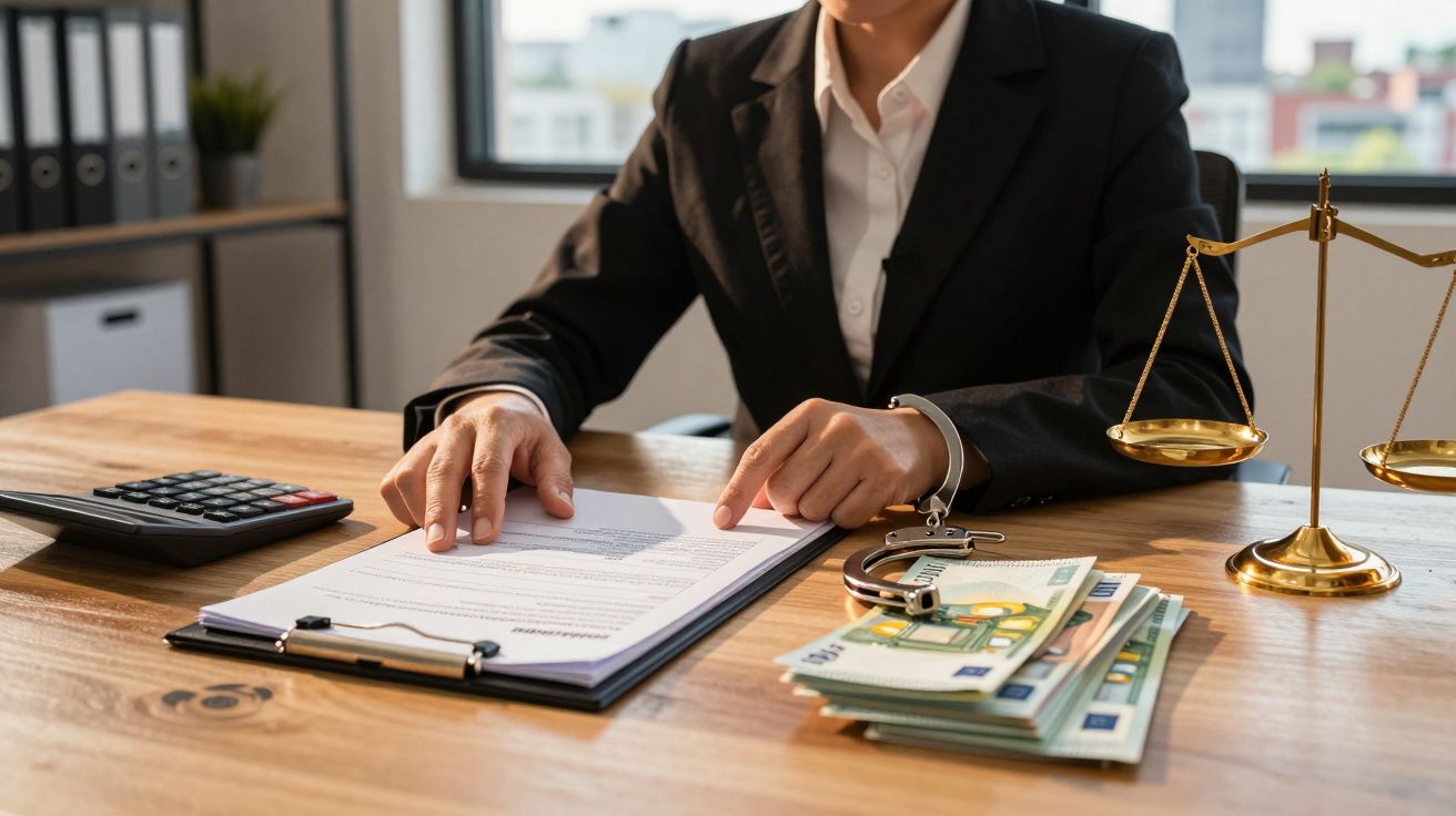 Pessoa a assinar documentos numa secretária com calculadora, dinheiro, algemas e balança da justiça.