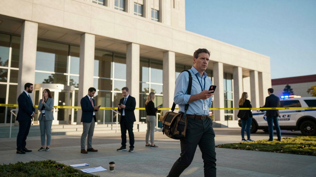 Homem com crachá e mochila a olhar o telemóvel em frente a um edifício cercado por fita policial e várias pessoas.