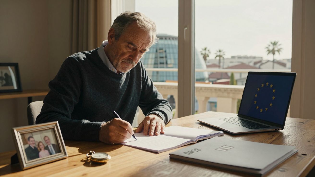 Homem idoso sentado numa mesa de madeira a escrever num caderno, com portátil aberto e fotografia de família.