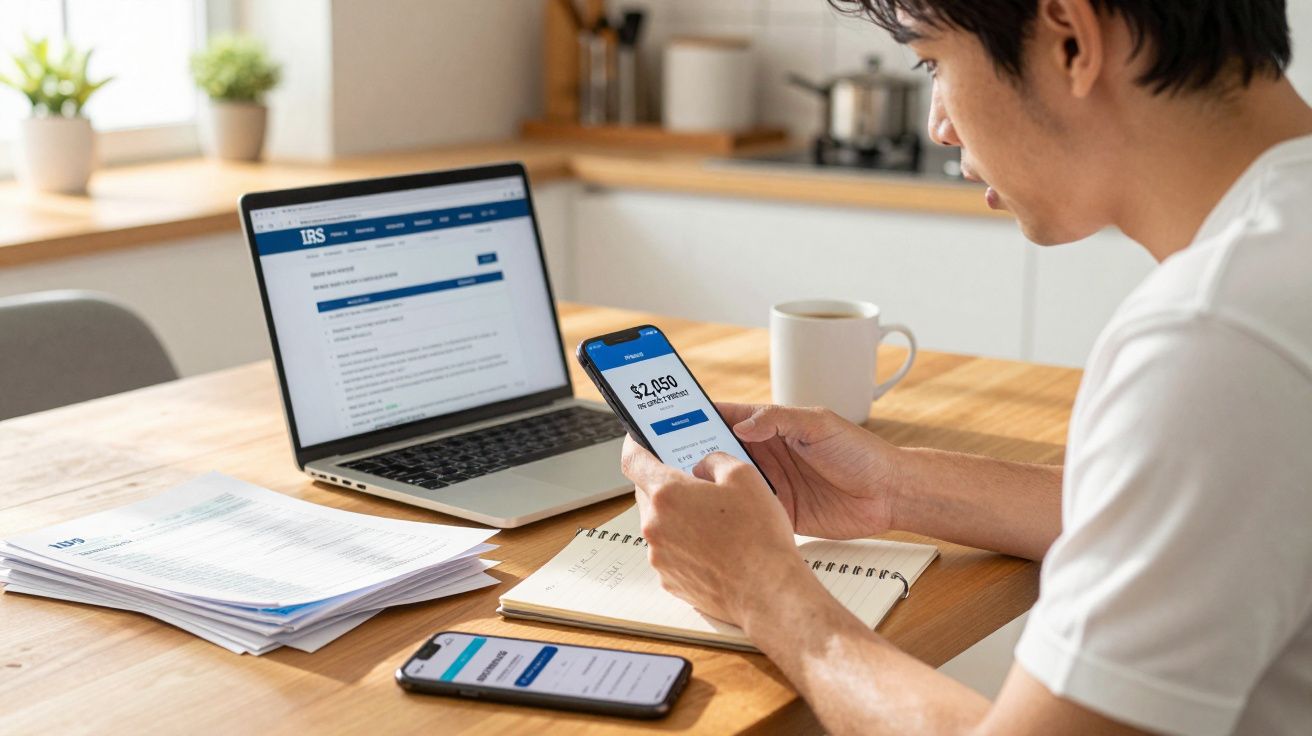 Pessoa a consultar informações financeiras no telemóvel, com computador e documentos numa mesa de madeira.