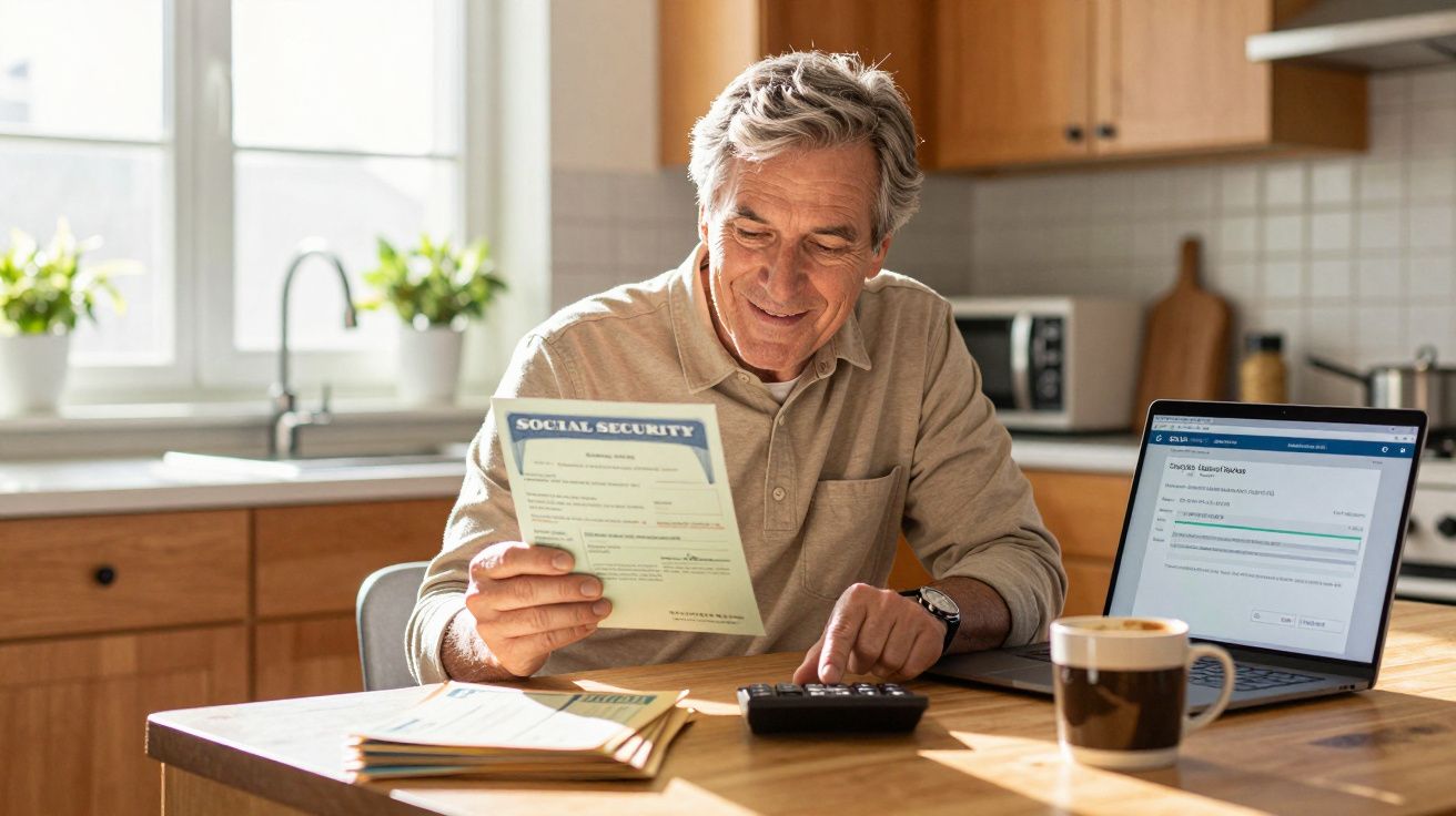 Homem sénior a analisar documentos e usar calculadora numa cozinha luminosa com portátil aberto.