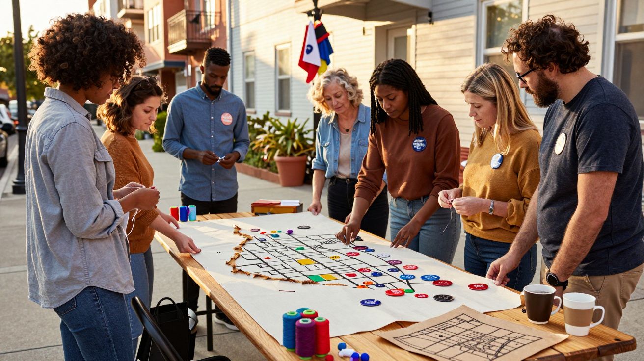 Grupo diverso de pessoas de pé ao redor de uma mesa com mapa e marcadores em ambiente exterior urbanizado.