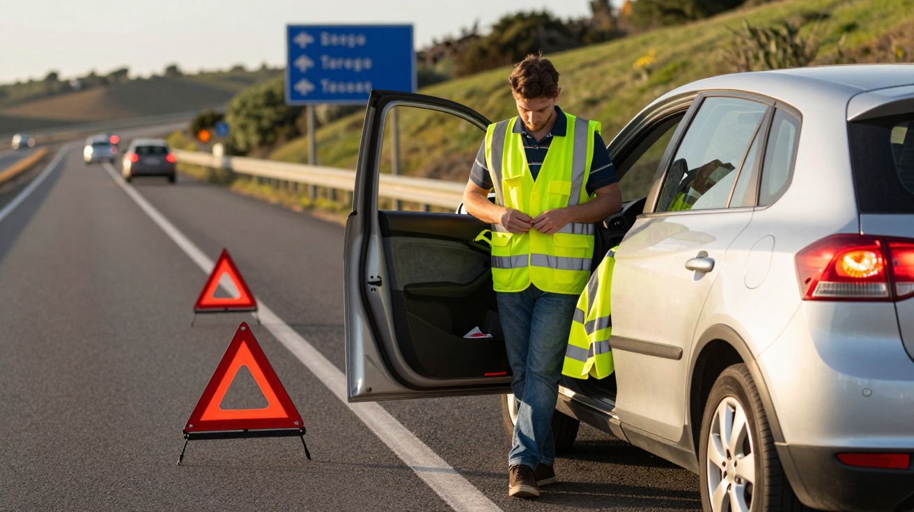 Homem com colete refletor ao lado de carro avariado na berma de uma autoestrada com triângulos de sinalização à frente.