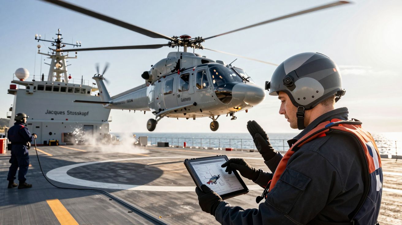 Helicóptero a pousar num navio com técnico a controlar a operação com tablet e outro operário ao fundo.