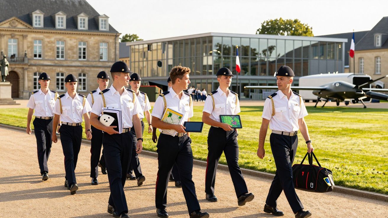 Jovens cadetes em uniforme branco e calças escuras caminham num campus com edifícios e um avião ao fundo.