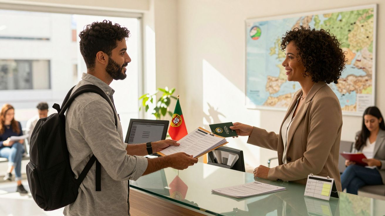 Homem com mochila entrega documentos a funcionária num balcão de atendimento com bandeira de Portugal.