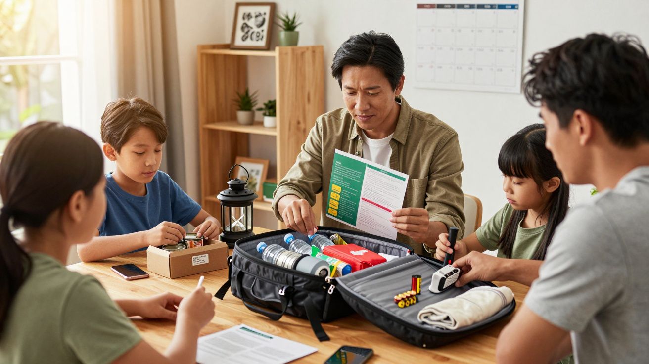 Família reunida à mesa a organizar e preparar um kit de emergência com diversos itens essenciais.